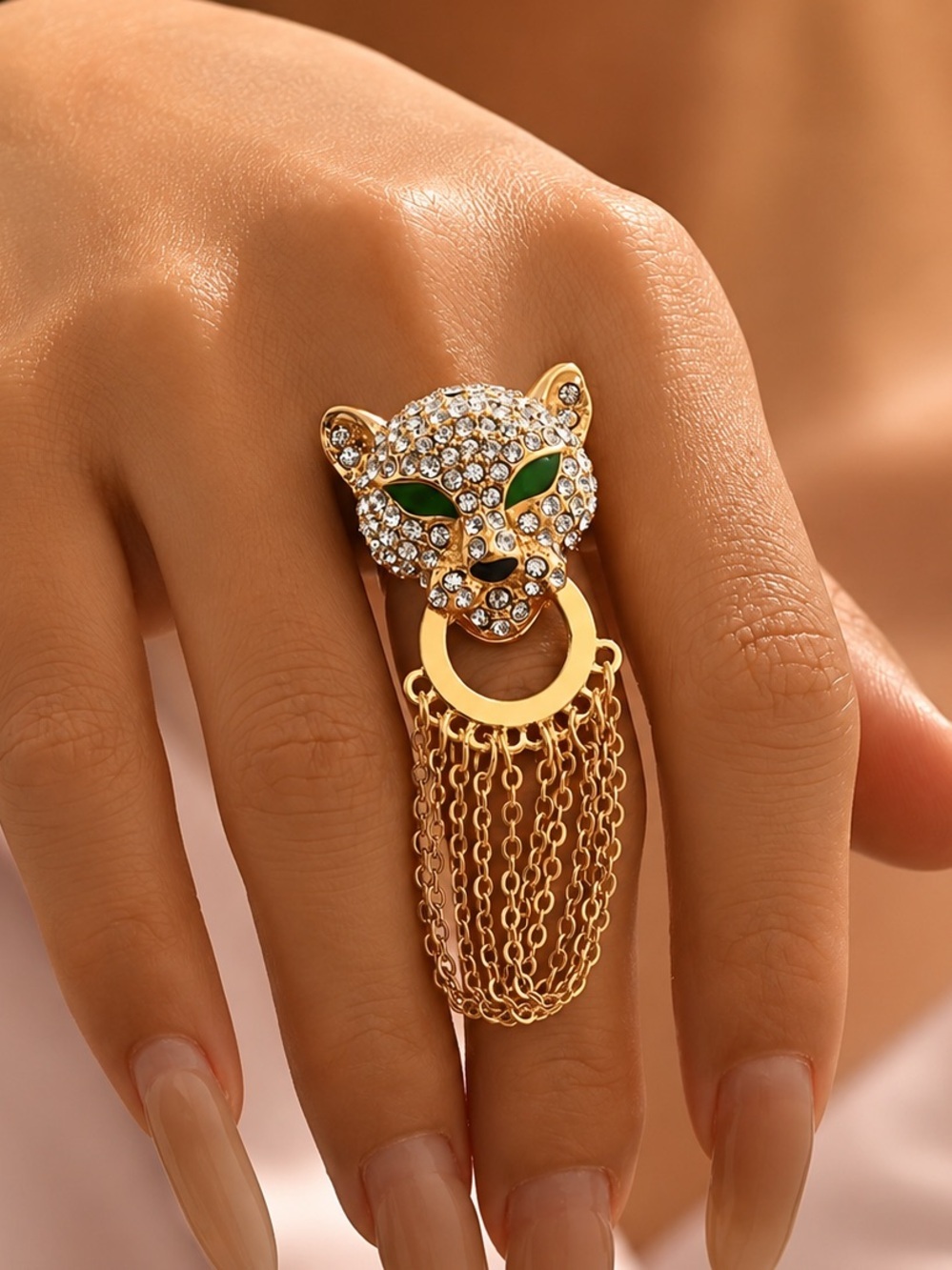 Gold Leopard Statement Fringe Ring - Women Jewelry